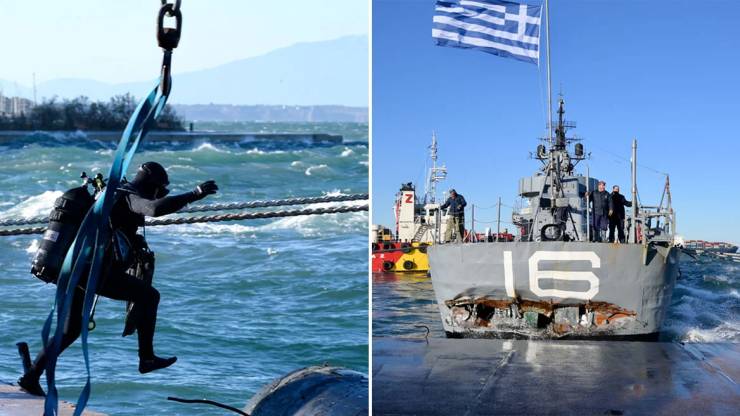 Επιχείρηση διάσωσης με δύτες και γερανό για να μη βυθιστεί το αντιτορπιλικό «Βέλος» στη Θεσσαλονίκη