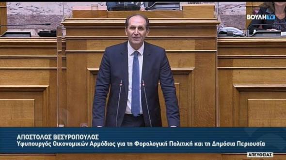 Απόστολος Βεσυρόπουλος: Ομιλία στην Ολομέλεια της Βουλής επί του σχεδίου νόμου του Υπουργείου Οικονομικών που ψηφίζεται σήμερα