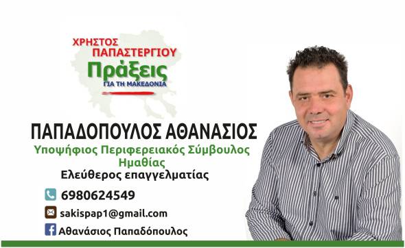 Ο Παπαδόπουλος Αθανάσιος Υποψήφιος Περιφερειακός Σύμβουλος Ημαθίας με τον Συνδιασμό Πράξεις για τη Μακεδονία του Χρήστου Παπαστεργίου