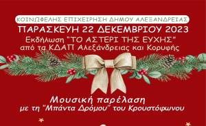 Παρασκευή 22 Δεκεμβρίου: “Αστέρι της Ευχής” από τα ΚΔΑΠ Αλεξάνδρειας και Κορυφής και η Μπάντα του Κρουστόφωνου μπροστά στο Πνευματικό Κέντρο